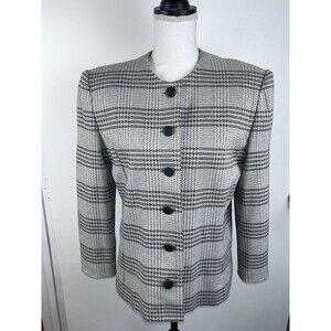 Henry Lee Petites Blazer Women's Houndstooth Plaid Lined Sz14 Grey Cream Vtg USA